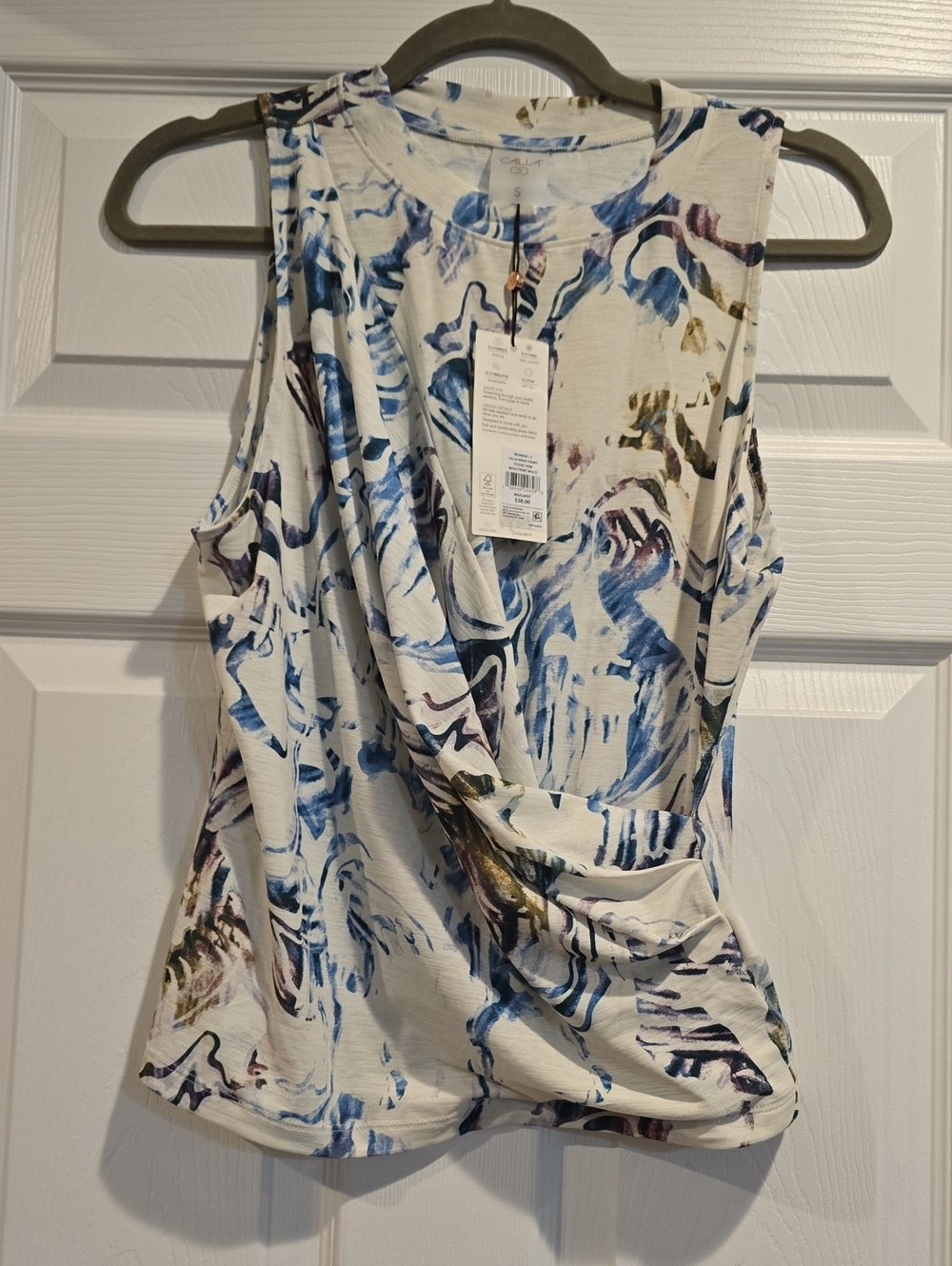 CALIA by Carrie Underwood White Tank with Blue, Olive and Purple Brushprint